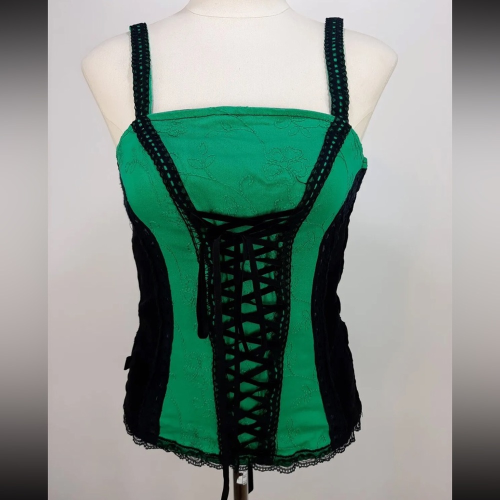 Vintage Tripp NYC Corset Teal/Mint Green Embroidery & Black Velvet Corset